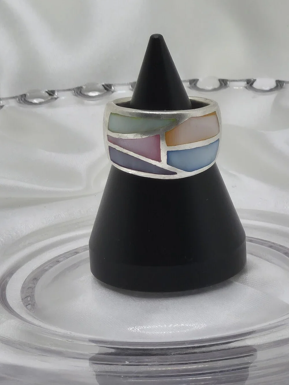 Sterling Silver Multicolor Pastel Mother Of Pearl (MOP) Inlay Band Ring Mosaic